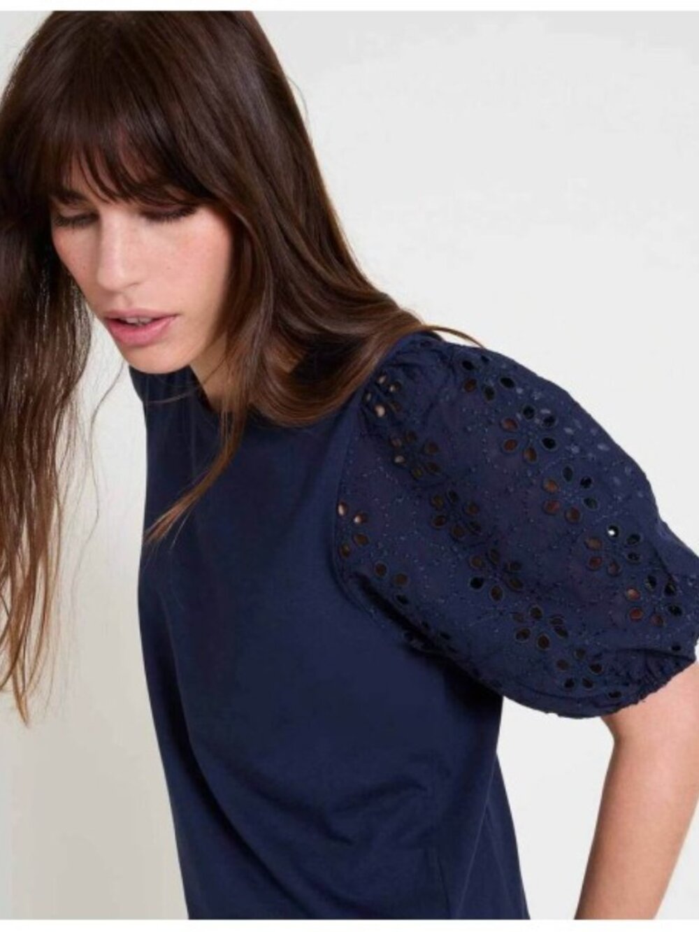 Signature by Reitmans Navy Crochet Puff Sleeve Top